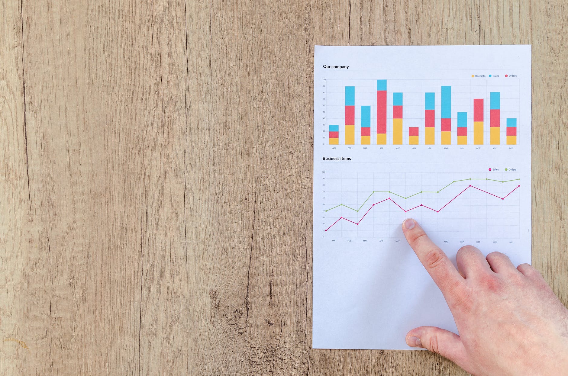 person pointing paper line graph