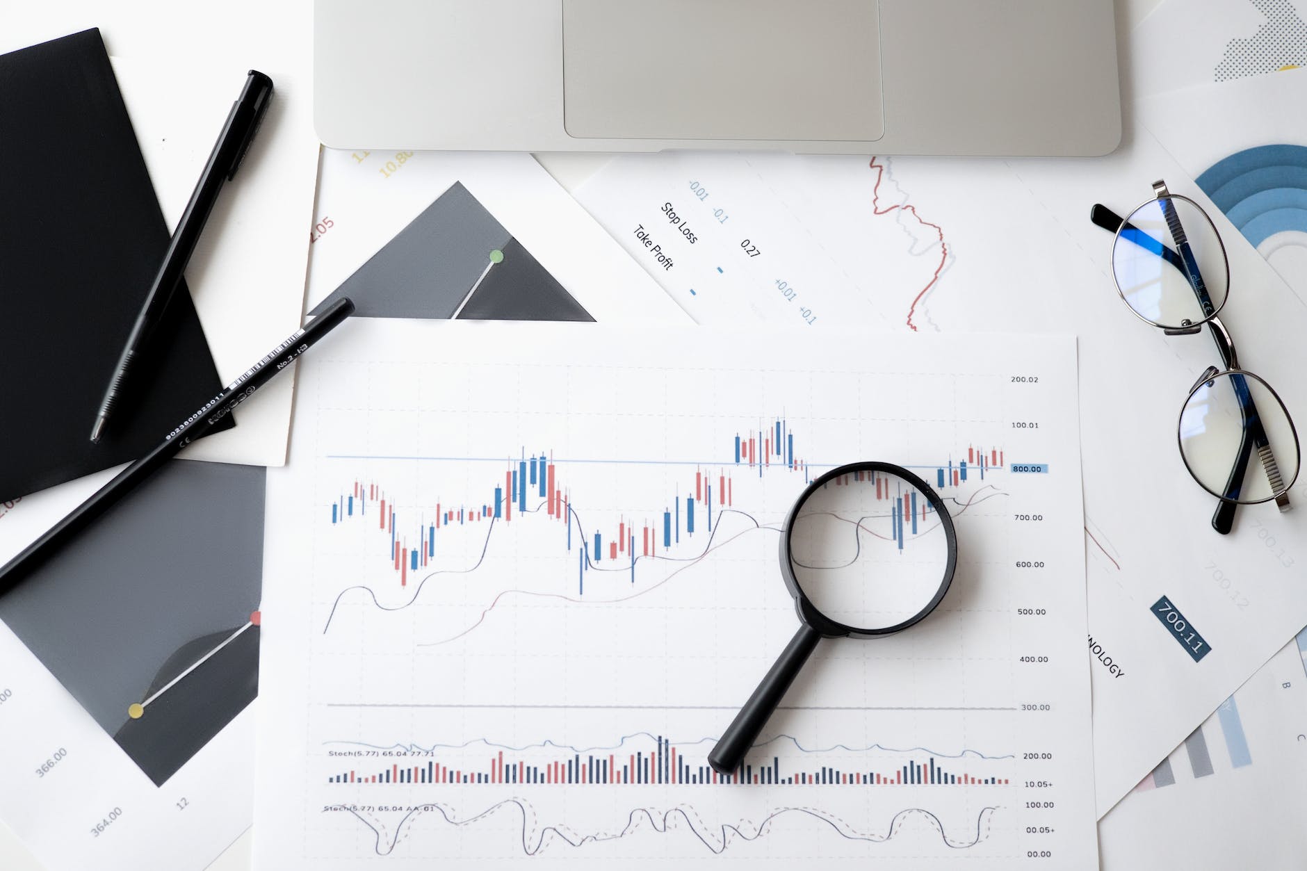 magnifying glass on top of document for analysing stocks after completion of stock trading courses for beginners